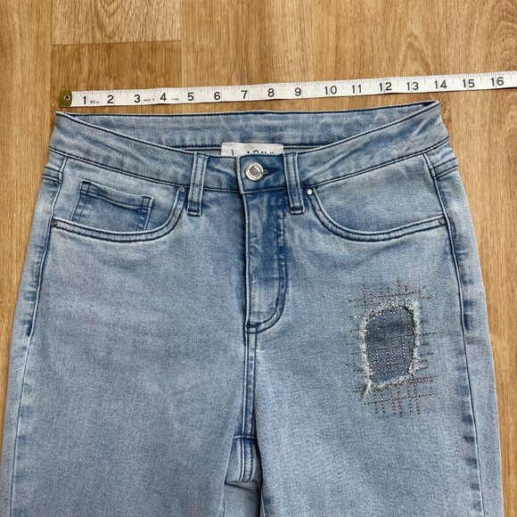 JOSEPH RIBKOFF JEANS RHINESTONE JEWEL FRAYED LIGHT WASH HIGH RISE SIZE 4 PATCHED - Picture 11 of 13